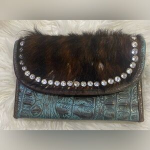 Kurtman Genuine Leather Turquoise Croc Embossed & Cowhide Wallet 8” x 6”